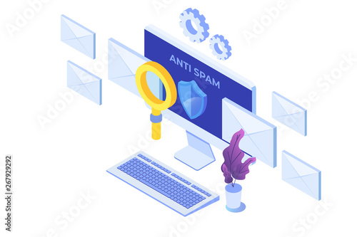 E-mail protection,  anti-malware, anti spam isometric concept. Flat vector illustration