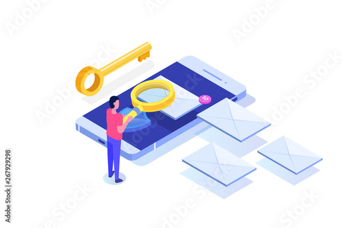 E-mail protection,  anti-malware, anti spam isometric concept. Flat vector illustration