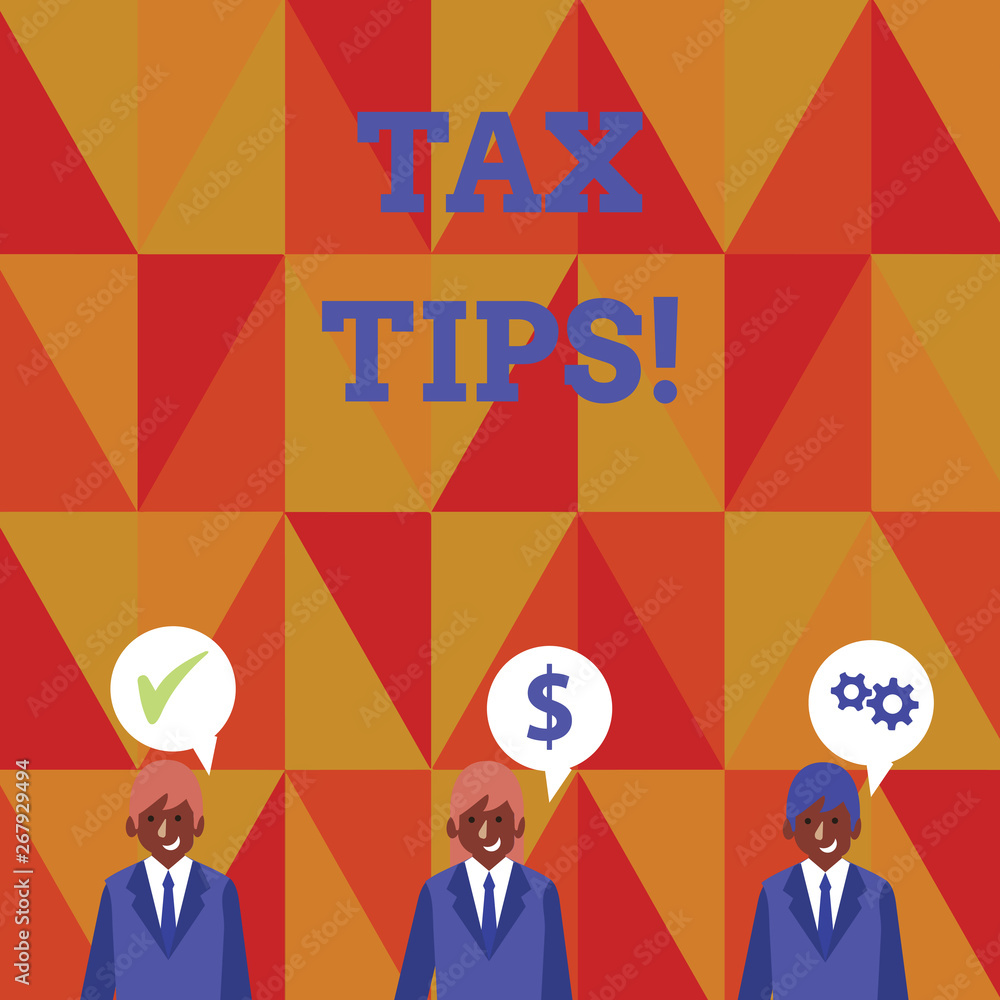 Handwriting text writing Tax Tips. Conceptual photo compulsory contribution to state revenue levied by government Businessmen Each has their Own Speech Bubble with Optimization Cost Icons Handwriting text writing Tax Tips. Conceptual photo compulsory contribution to state revenue levied by government Businessmen Each has their Own Speech Bubble with Optimization Cost Icons