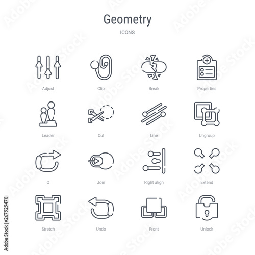 set of 16 geometry concept vector line icons such as unlock, front, undo, stretch, extend, right align, join, o. 64x64 thin stroke icons