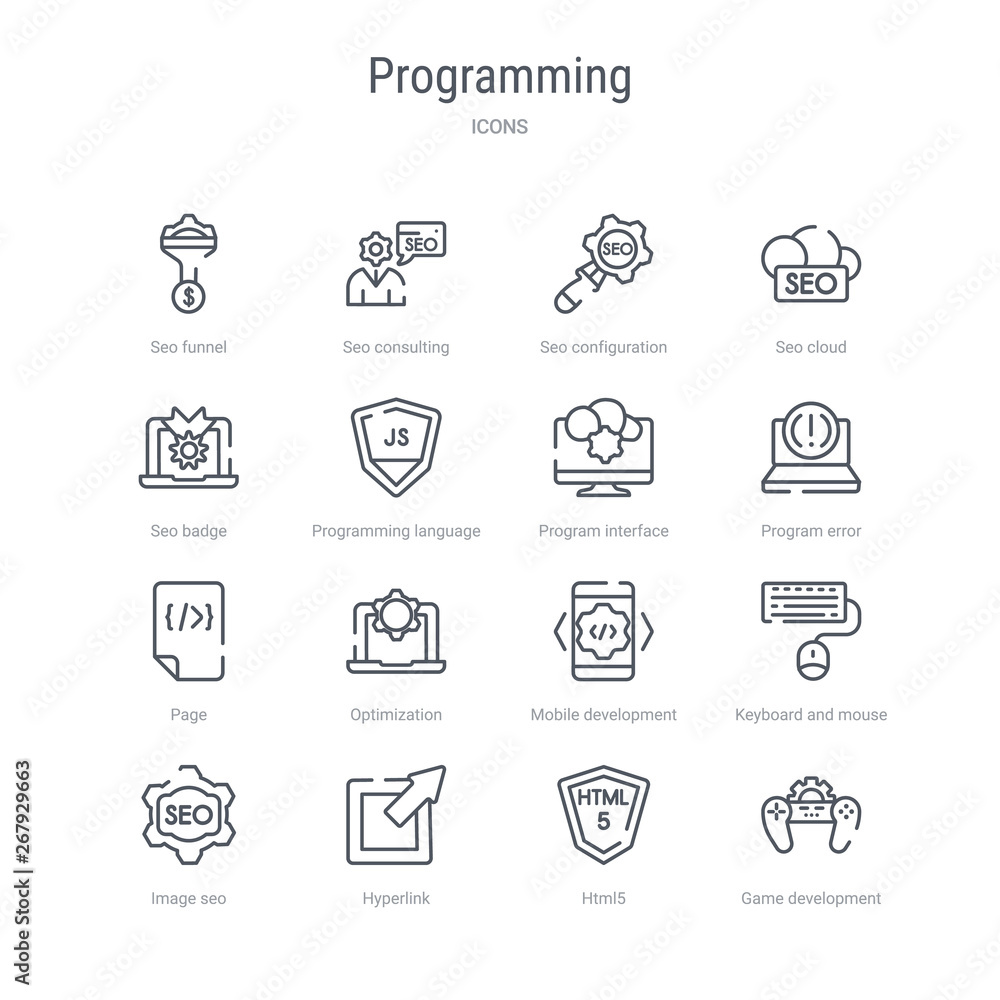 set of 16 programming concept vector line icons such as game development, html5, hyperlink, image seo, keyboard and mouse, mobile development, optimization, page. 64x64 thin stroke icons