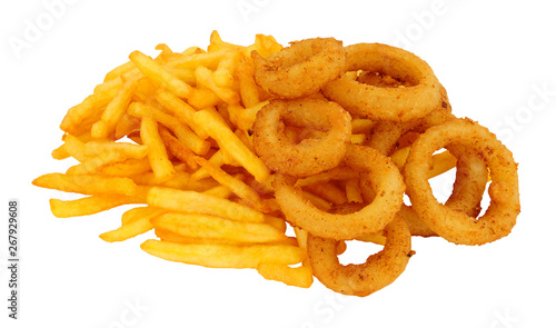 French fries and fried onion rings isolated on a white background photo