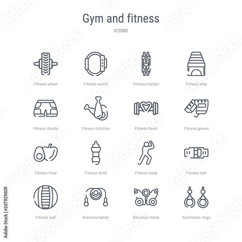 set of 16 gym and fitness concept vector line icons such as gymnastic rings, elevation mask, exercise bands, fitness ball, fitness belt, body, drink, food. 64x64 thin stroke icons