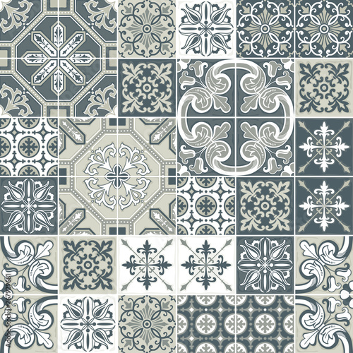 Azulejo tile seamless pattern. Traditional Portuguese ornament in patchwork style.