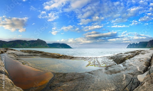Summer Senja coast panorama  Jagged Ersfjord  Norway