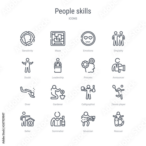 set of 16 people skills concept vector line icons such as rescuer, musician, sommelier, seller, tennis player, calligraphist, gardener, diver. 64x64 thin stroke icons