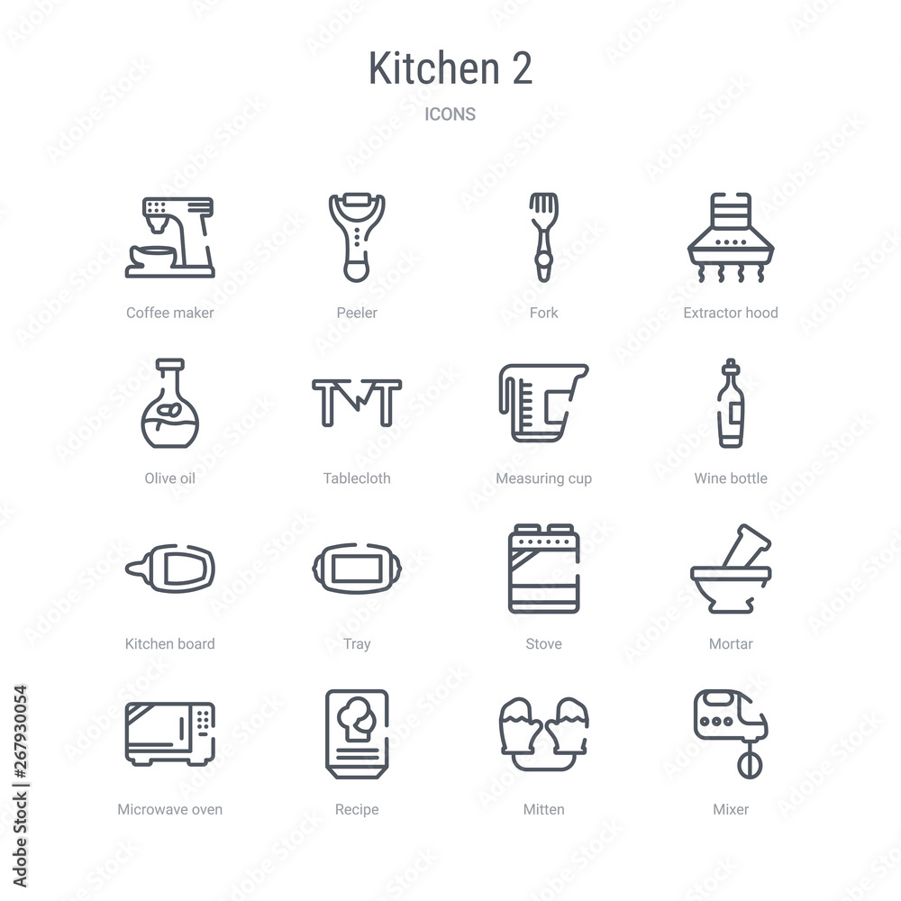 set of 16 kitchen 2 concept vector line icons such as mixer, mitten, recipe, microwave oven, mortar, stove, tray, kitchen board. 64x64 thin stroke icons set of 16 kitchen 2 concept vector line icons such as mixer, mitten, recipe, microwave oven, mortar, stove, tray, kitchen board. 64x64 thin stroke icons