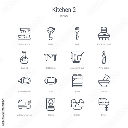set of 16 kitchen 2 concept vector line icons such as mixer, mitten, recipe, microwave oven, mortar, stove, tray, kitchen board. 64x64 thin stroke icons