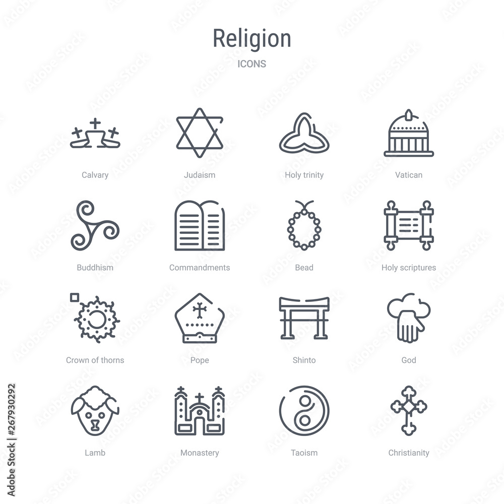 Φωτογραφία set of 16 religion concept vector line icons such as christianity, taoism, monastery, lamb, god, shinto, pope, crown of thorns