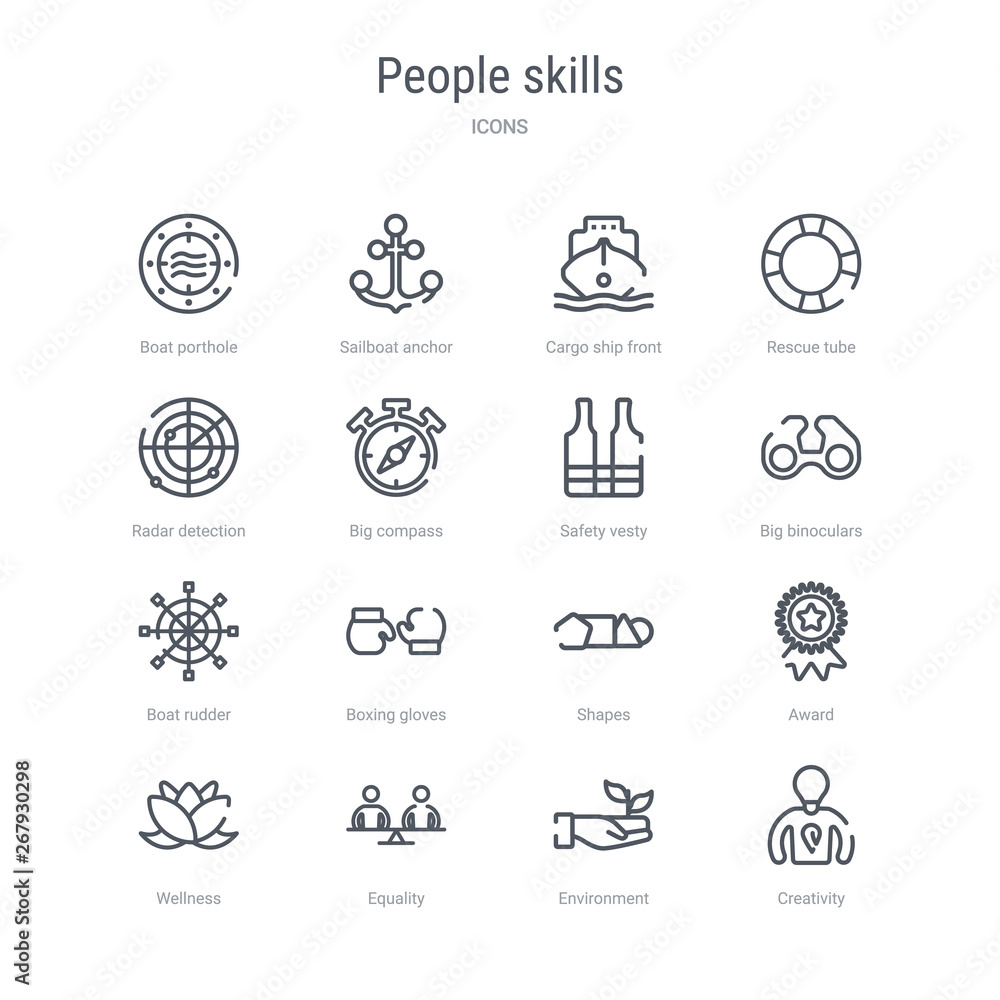 Φωτογραφία set of 16 people skills concept vector line icons such as creativity, environment, equality, wellness, award, shapes, boxing gloves, boat rudder