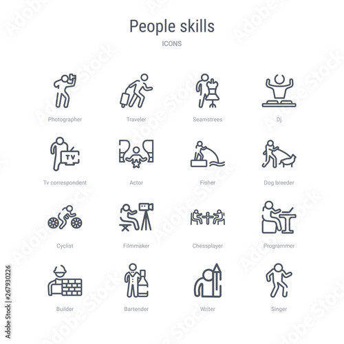 set of 16 people skills concept vector line icons such as singer, writer, bartender, builder, programmer, chessplayer, filmmaker, cyclist. 64x64 thin stroke icons