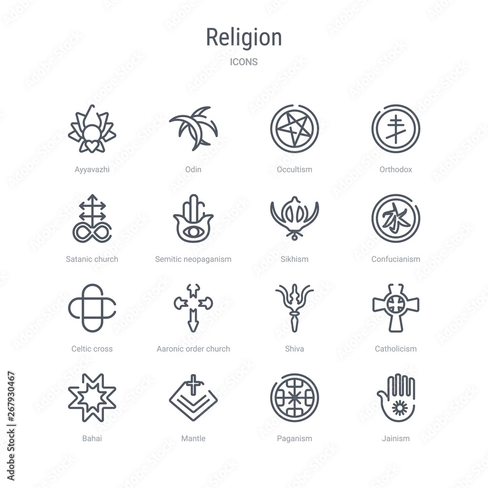 set of 16 religion concept vector line icons such as jainism, paganism, mantle, bahai, catholicism, shiva, aaronic order church, celtic cross. 64x64 thin stroke icons
