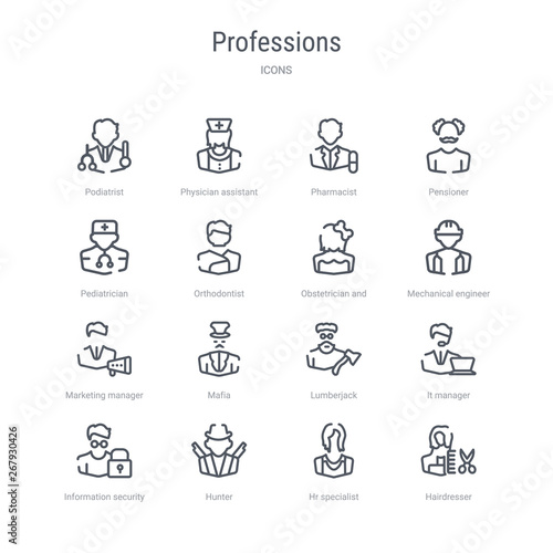 set of 16 professions concept vector line icons such as hairdresser, hr specialist, hunter, information security analyst, it manager, lumberjack, mafia, marketing manager. 64x64 thin stroke icons