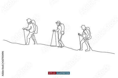 Continuous line drawing of hand drawn traveling people with backpacks silhouettes. Vector illustration. Element for you design works.