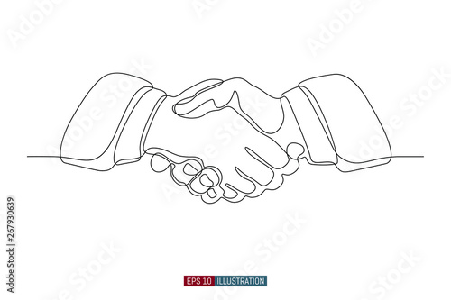 Continuous line drawing of handshake. Template for your design works. Vector illustration.