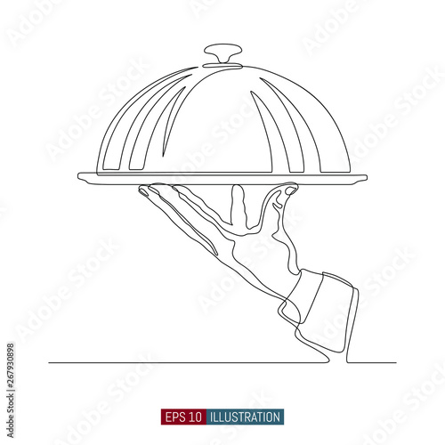 Continuous line drawing of hand drawn hand holding tray for hot dishes. Vector illustration. Element for you design works.