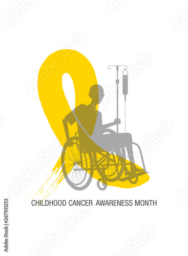 Emblem for a childhood cancer awareness month, picturing little bold head patient with drip stand, sitting in a wheelchair with big yellow ribbon symbol. (ID: 267931253)
