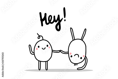 Hey hand drawn vector illustration with two cartoon active men. Standing on the head. Minimalism