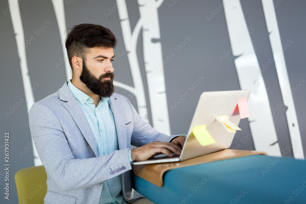 Handsome businessman working on laptop in office Handsome businessman working on laptop in office