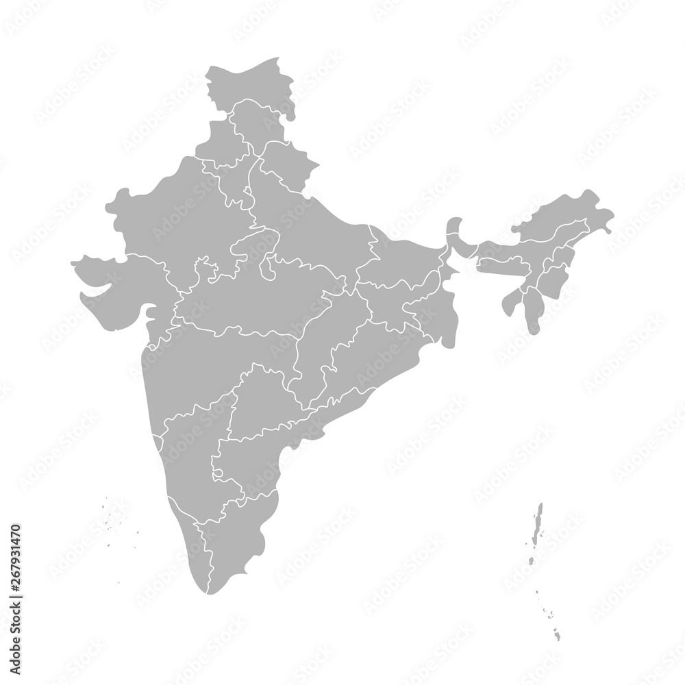 Vector isolated illustration of simplified administrative map of India. Borders of the states (regions). Grey silhouettes. White outline