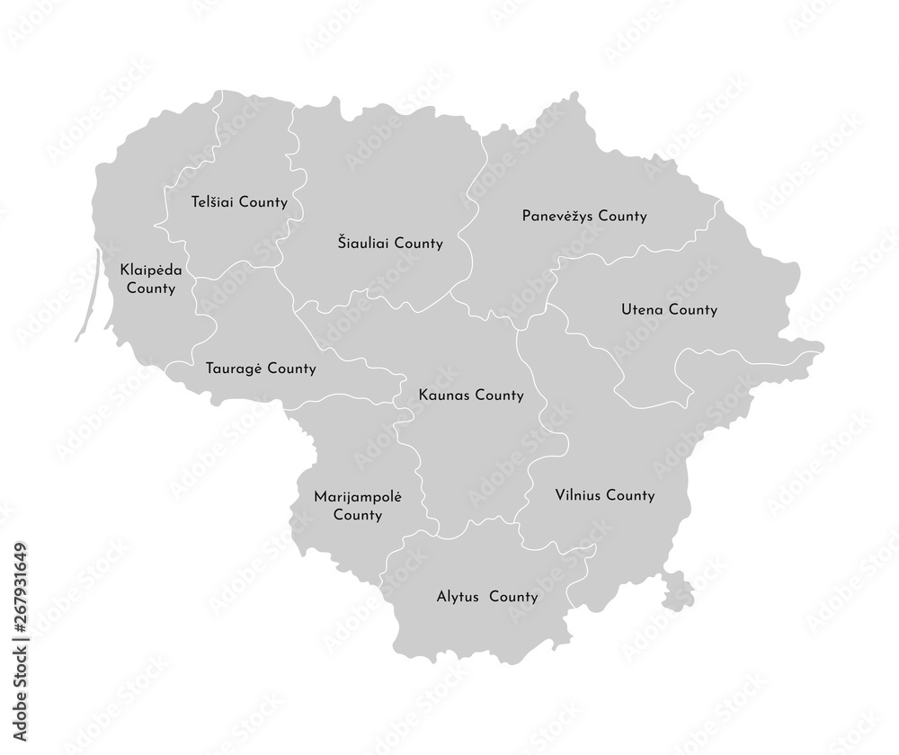 Vector isolated illustration of simplified administrative map of Lithuania. Borders and names of the provinces (counties). Grey silhouettes. White outline