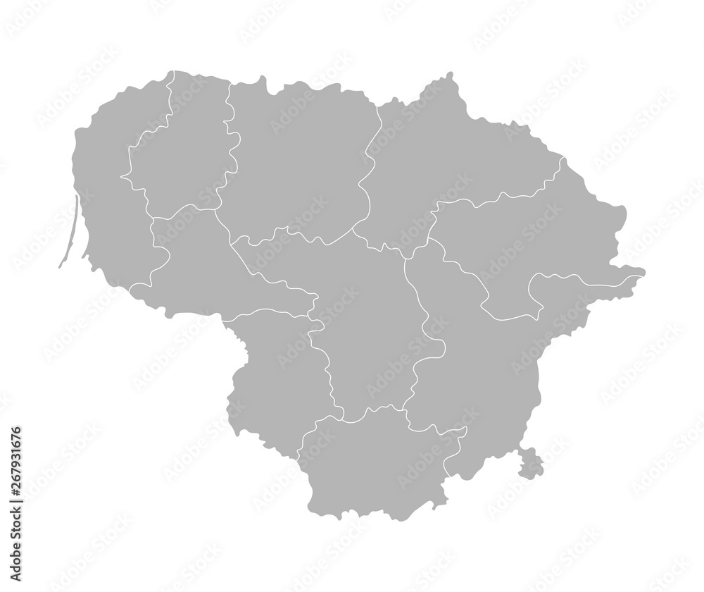 Vector isolated illustration of simplified administrative map of Lithuania. Borders of the counties (regions). Grey silhouettes. White outline