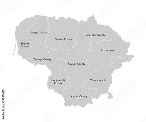 Vector isolated illustration of simplified administrative map of Lithuania. Borders and names of the provinces  counties . Grey silhouettes. White outline