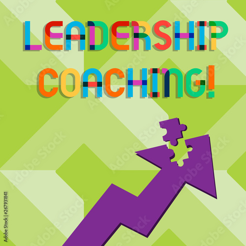 Handwriting text writing Leadership Coaching. Conceptual photo individualized process that builds a leader s is capability Colorful Arrow Pointing Upward with Detached Part Like Jigsaw Puzzle Piece