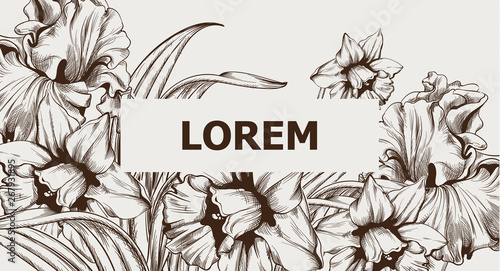 Vintage card with flowers Vector lineart. Narcissus, peony and roses old effe...