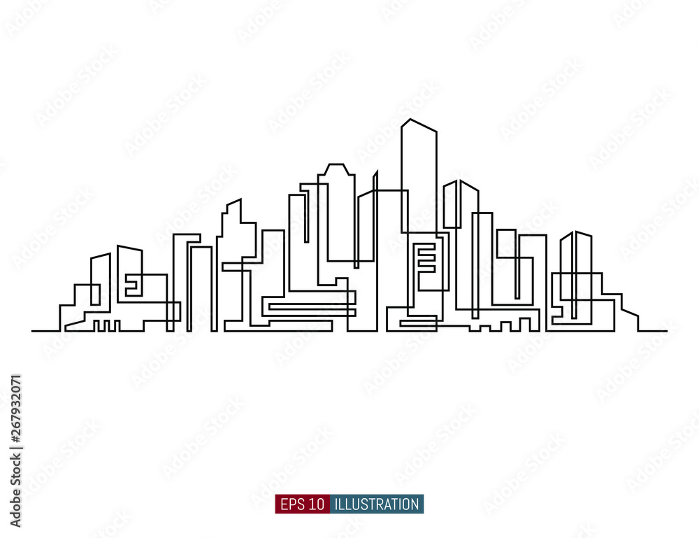 Continuous line drawing of city skyline. Template for your design. Vector illustration.
