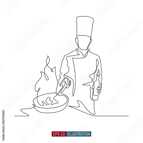 Continuous line drawing of hand drawn chef preparing food. Scene in the kitchen Template for your design. Vector illustration.