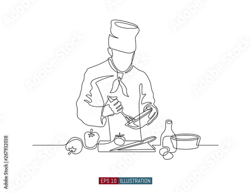 Continuous line drawing of hand drawn chef preparing food. Scene in the kitchen Template for your design. Vector illustration.
