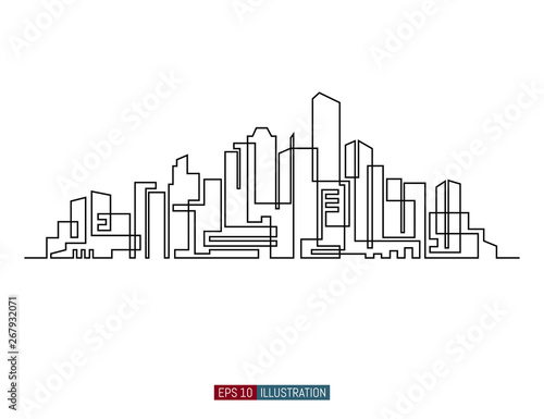 Continuous line drawing of city skyline. Template for your design. Vector illustration.