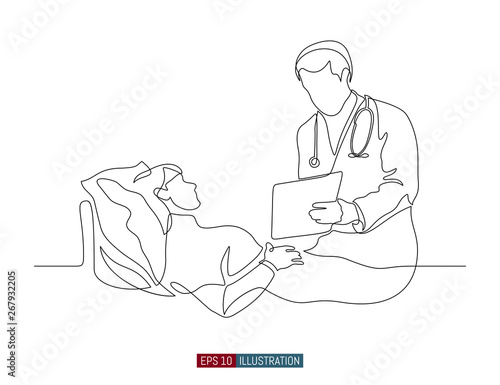 Continuous line drawing of doctor and patient dialog. Hospital scene. Template for your design works. Vector illustration.