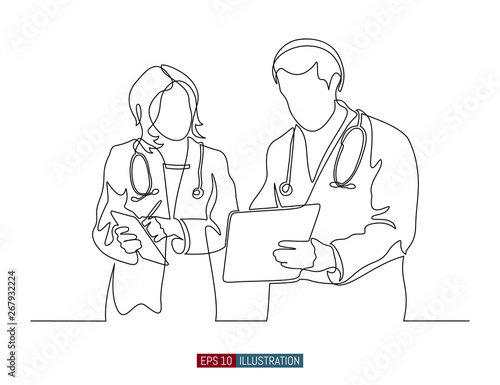 Continuous line drawing of two doctors dialog. Hospital scene. Template for your design works. Vector illustration.