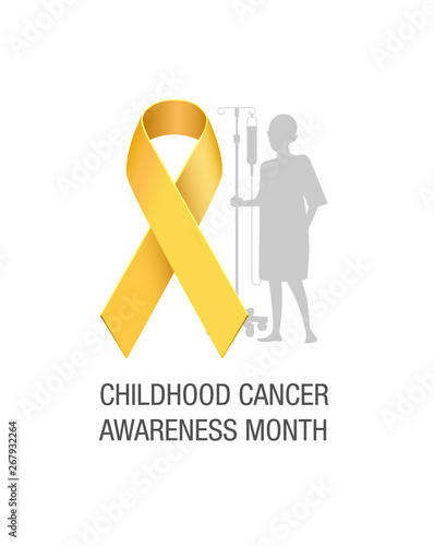 Emblem for a childhood cancer awareness month, picturing little bold head patient with drip stand, standing behind big yellow satin ribbon symbol. (ID: 267932264)