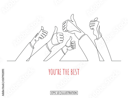 Continuous line drawing of hands whith thumb up gestures. Template for your design works. Vector illustration.