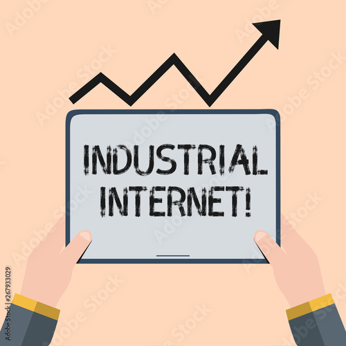 Handwriting text writing Industrial Internet. Conceptual photo use of the internet of things in industrial sectors Hand Holding Blank Screen Tablet under Black Progressive Arrow Going Upward