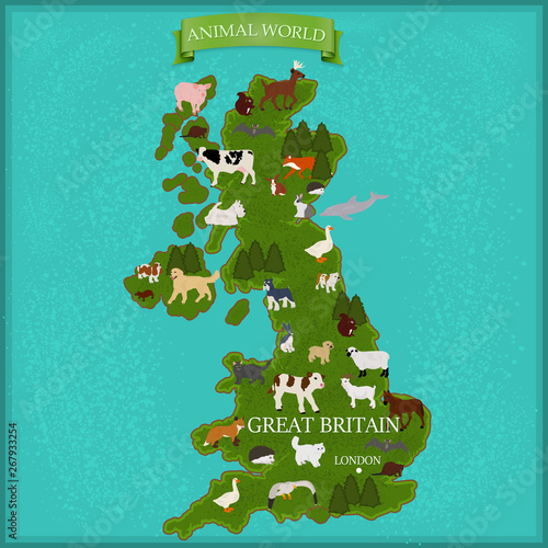 Map of Great Britain with animals on blue background