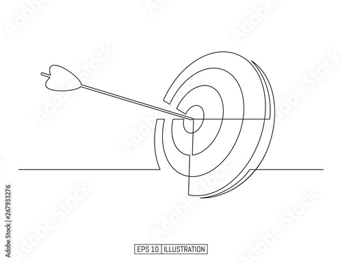 Continuous line drawing of arrow in center of target. Template for your design works. Vector illustration.