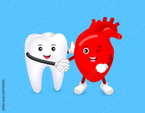 Cute cartoon tooth and heart shaking hands as a partner. Oral health and heart disease hygiene concept caused by dental plaque and gum disease. Vector illustration isolated on blue background.