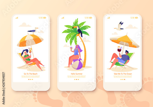 Mobile app page, screen set. Concept for website with women and men characters, they relaxing on sun loungers and drinking cocktails, sunbathing and eating ice cream. Summer vacation theme.