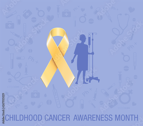 Golden childhood awareness ribbon symbol over periwinkle background with child patient and a set of medical icons around. Concept background for web or print. (ID: 267935029)
