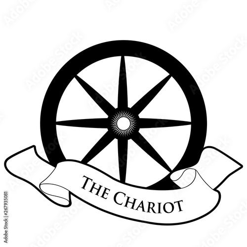 Tarot Card Concept. The Chariot. Cart wheel and text banner isolated on white background