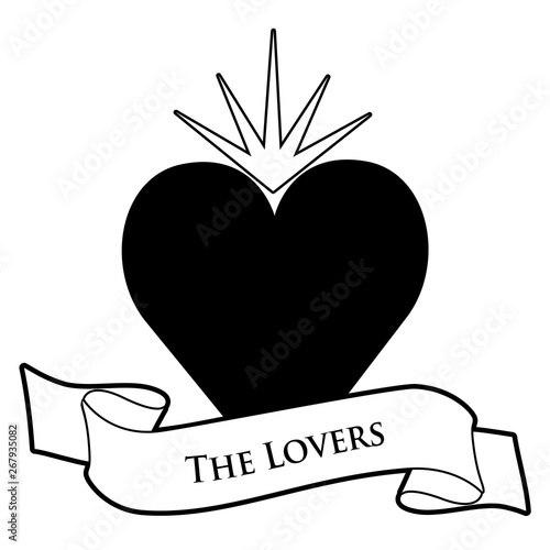 Tarot Card Concept. The Lovers. Heart and text banner isolated on white background