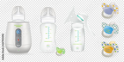 Vector set of baby care accessories, pacifier, bottle with silicone nipple for feeding newborns, bottle warmer, manual breast pump. 3d realistic products for infants on transparent background.