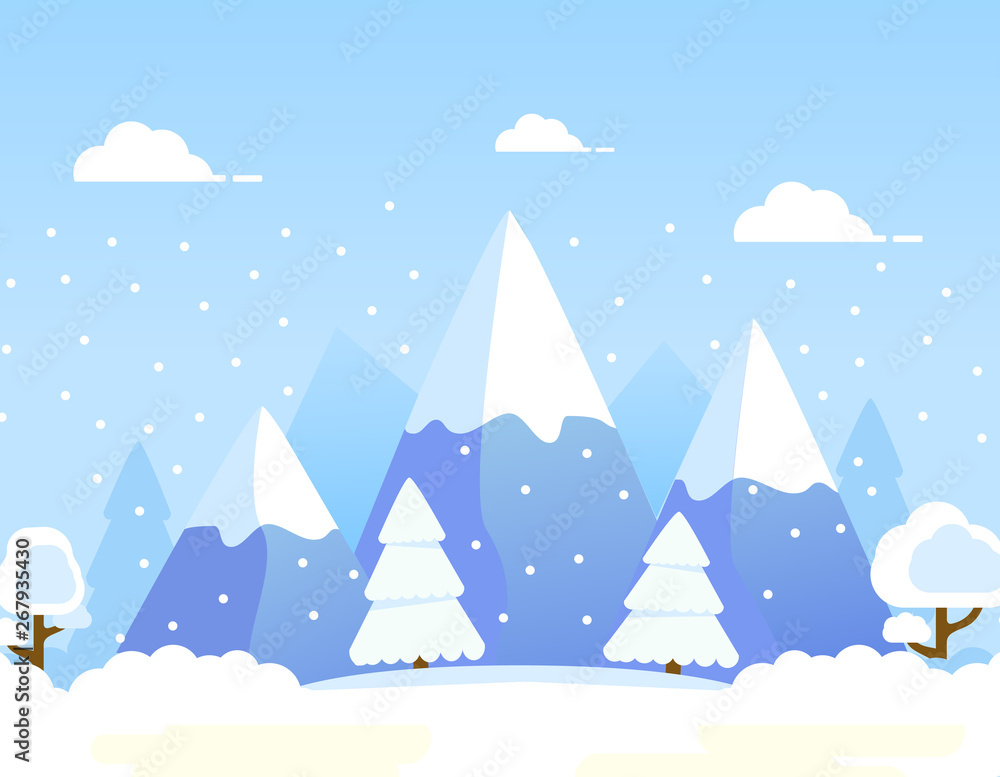 Winter snow mountain.Forest rural landscape pines and hills.Winter time snowfall.Fir-tree flat vector.