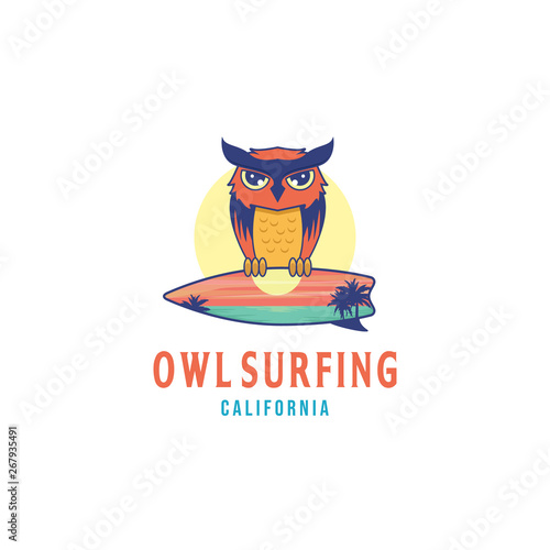owl surfing logo design inspiration, with a sunset beach in the surf board