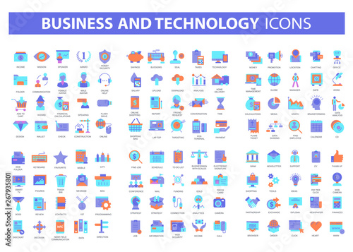 Set vector icons with elements for mobile concepts and web apps. Business and marketing, programming, data management, internet connection, social network, computing, information. Vector