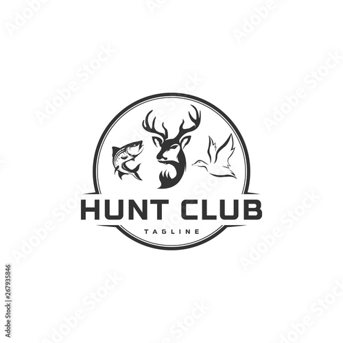 hunting and fishing vector background , vintage idea with fish, deer and duck illustration